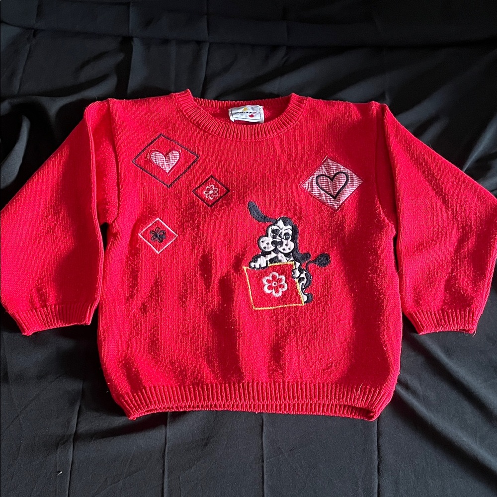Red Kids Sweater with Heart and Dog Design